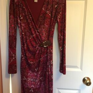 Cache Red Faux Wrap Dress Long Sleeve